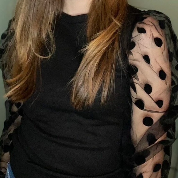 Classic Black Polka Dot Sheer Long Sleeve Fitted Blouse - Picture 2 of 11
